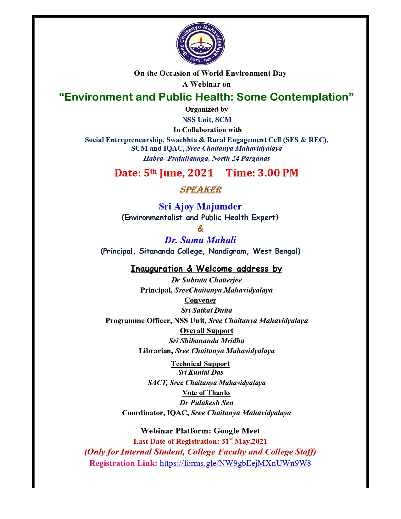 Webinar on Environment and Public health, Organized By NSS unit, SCM, 05-06-2021